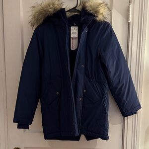 Navy J Crew Youth Large Parka with Faux Fur Hood